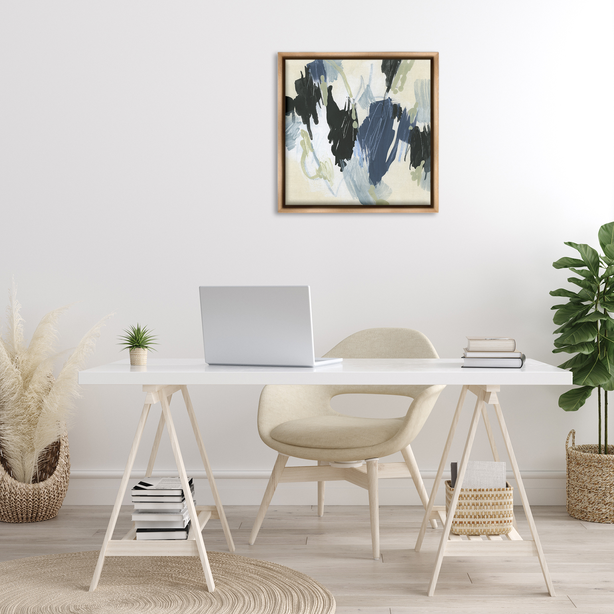 Stupell Industries Blue & Neutral Abstraction Abstract Painting Brown Floater Framed Canvas Art Print Wall Art, 25 x 25