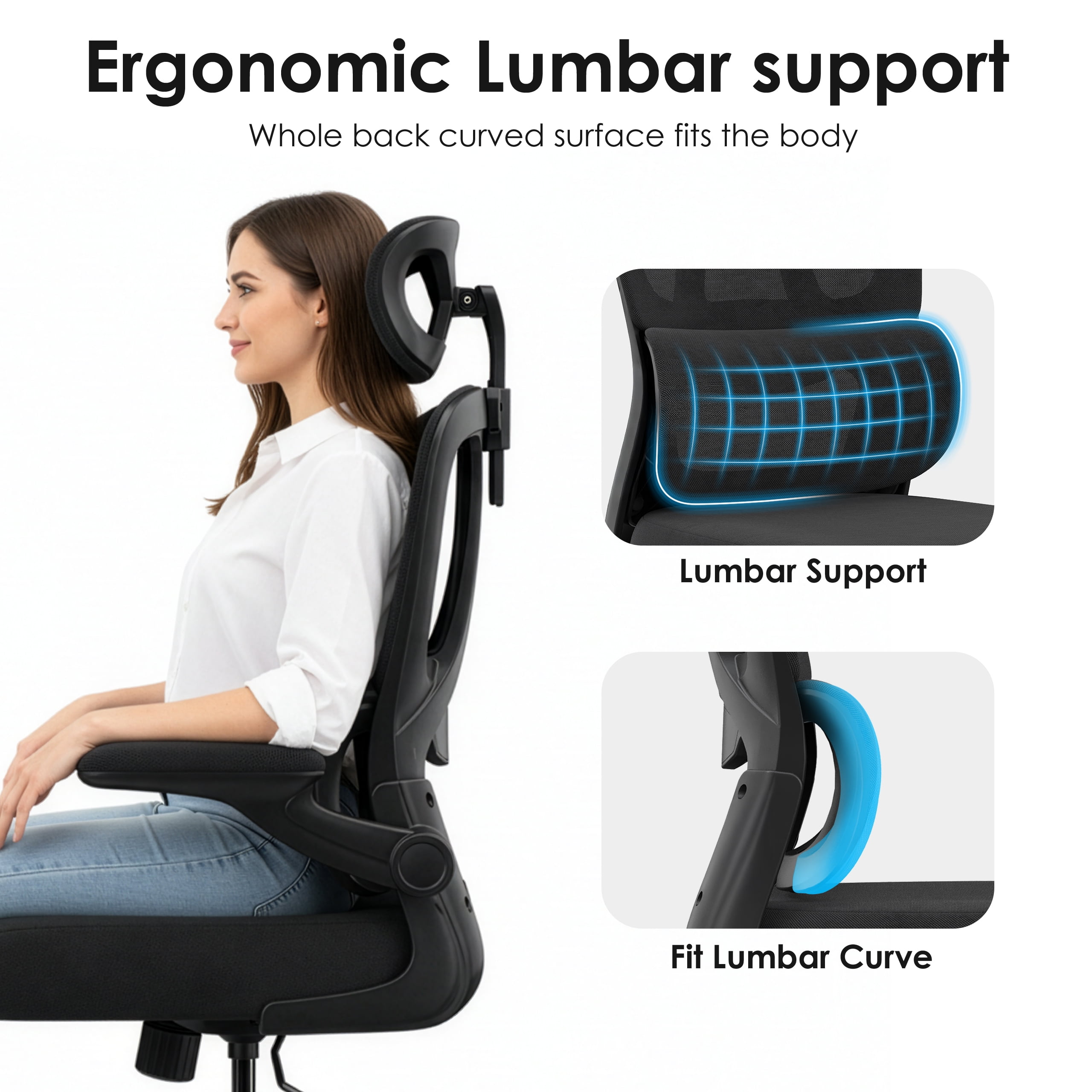 Farini Ergonomic Office Chair, Adjustable High Back Mesh Desk Chair with Lumbar Support, 2D Headrest , Black