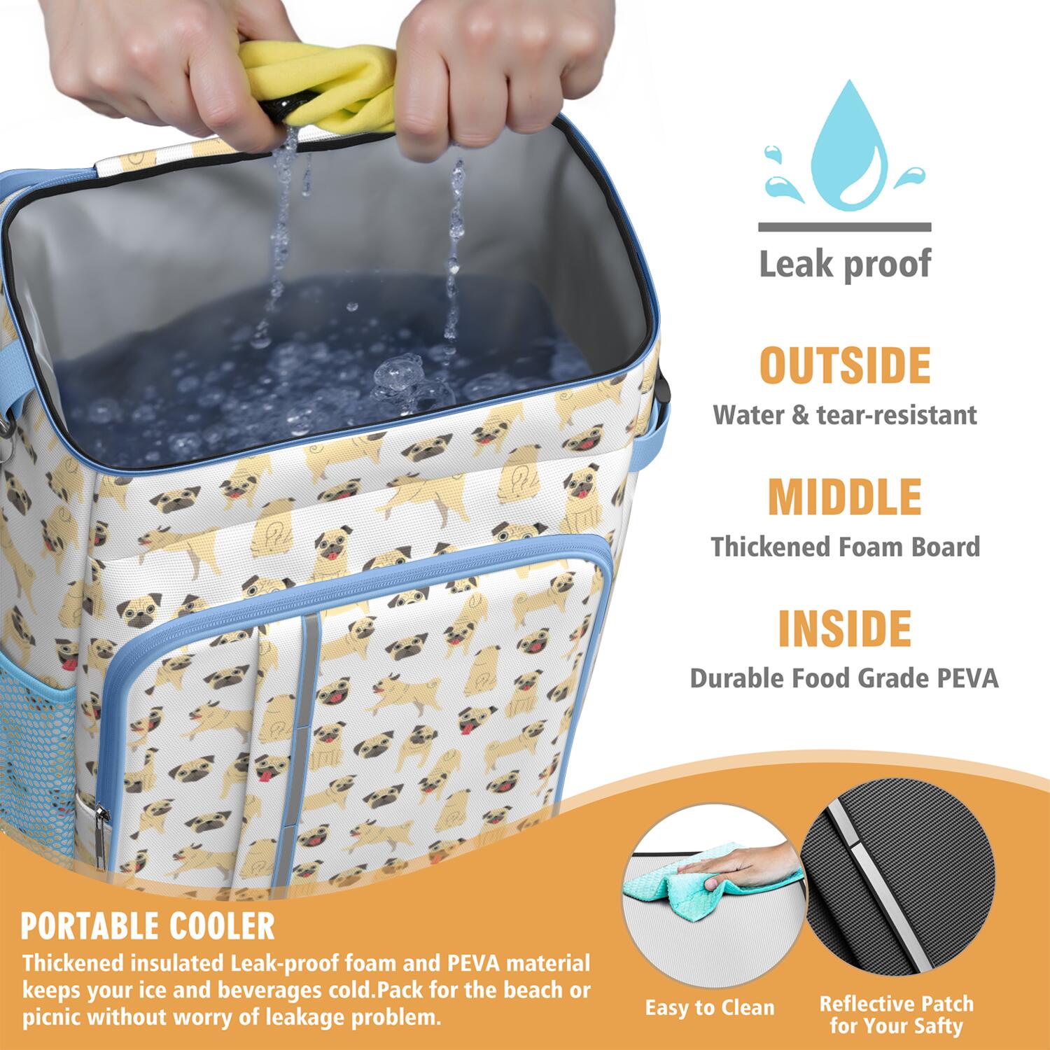 Travel Cooler Bag - Cute Cartoon Pug Camping Beer Cooler Backpack with Bottle Opener- Waterproof Insulated Picnic Backpacks - Cooler Bag for Beach
