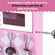 COCLUB Play Kitchen, Wooden Kids Kitchen Playset with Chalkboard, Ice Maker, Play Phone, Cookware Accessories, Microwave Toy Kitchen Gift for Boys Girls Age 3-8 Pink