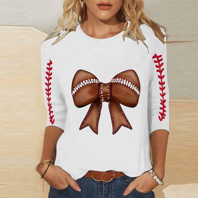 Ounisa T-Shirts à Manches 3/4 pour Femmes Col Rond Imprimé Football Coupe Ample Décontractée Printemps Été Jour de Match Usage Quotidien Mode Hauts P-5TG