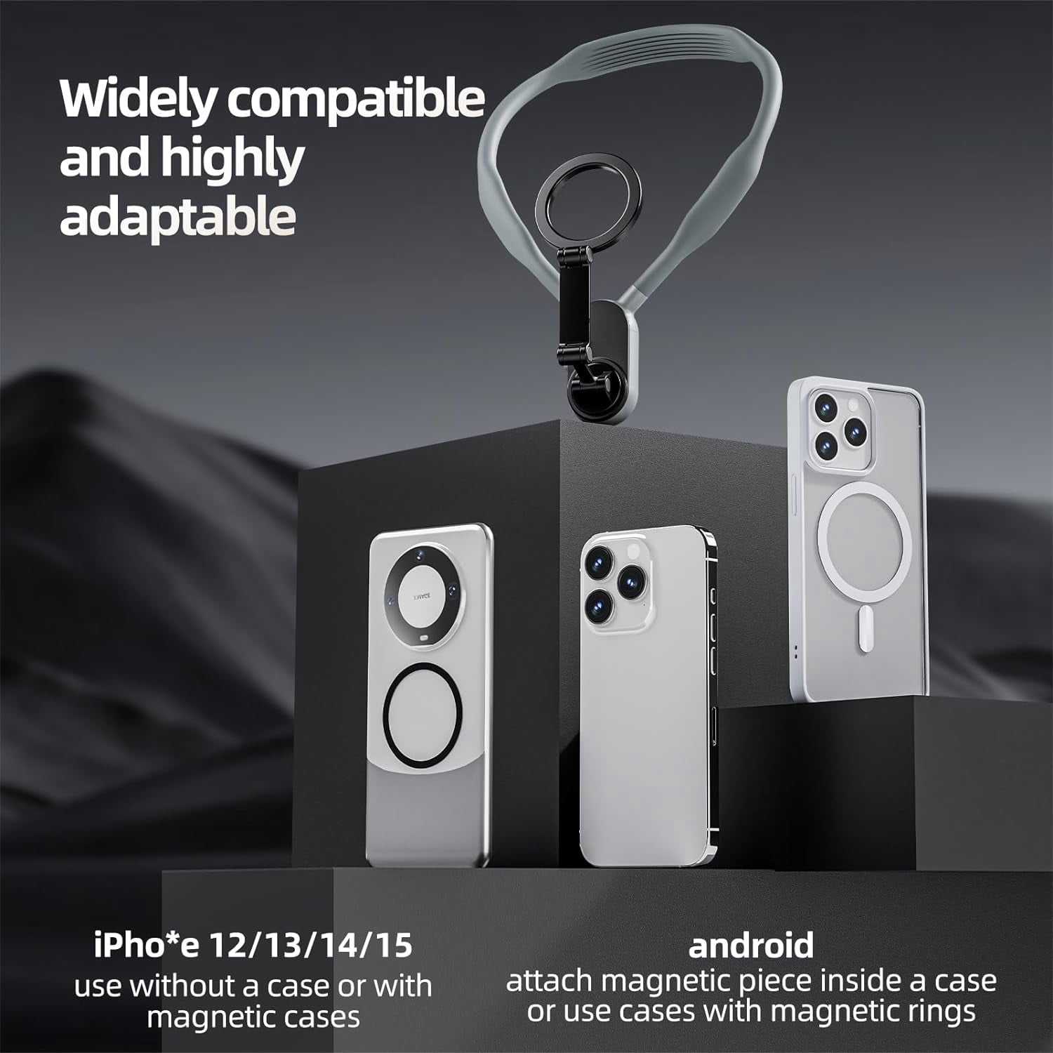 Magnetic Neck Mount for Phones, Neck Cell Phone Holder POV/Vlog Selfie Mount Hand Free Phone Neck Holder Chest Stand Strap Video Recording for iPhone 16 15 14 13 12 Seires Android Phones Gray