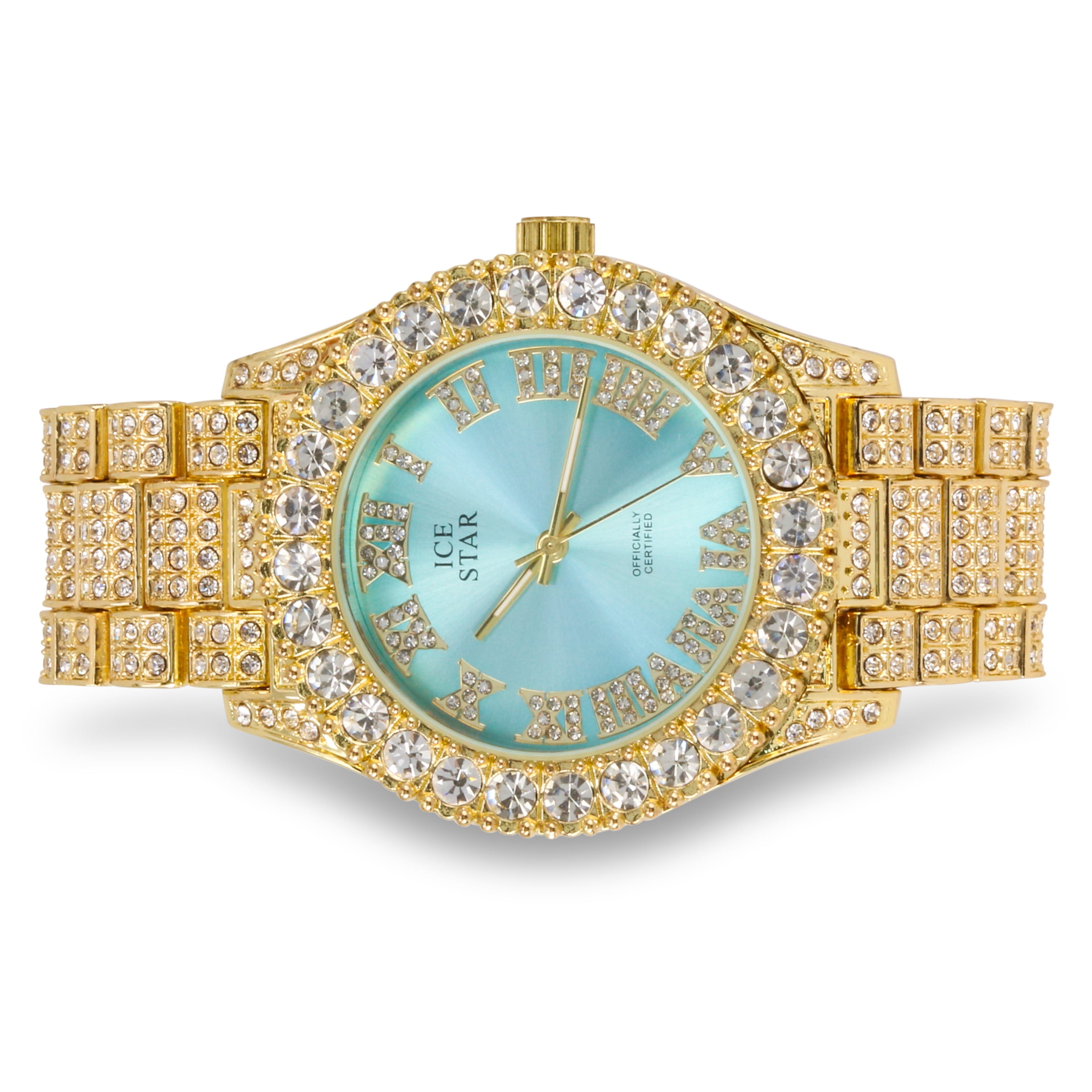 Women's 44mm Solitaire Bezel Watch - Bling-ed Out Adjustable Band - 14k Gold Tone Finish with Ravishing Crystals - Simulated Diamond Watch with Roman Dial