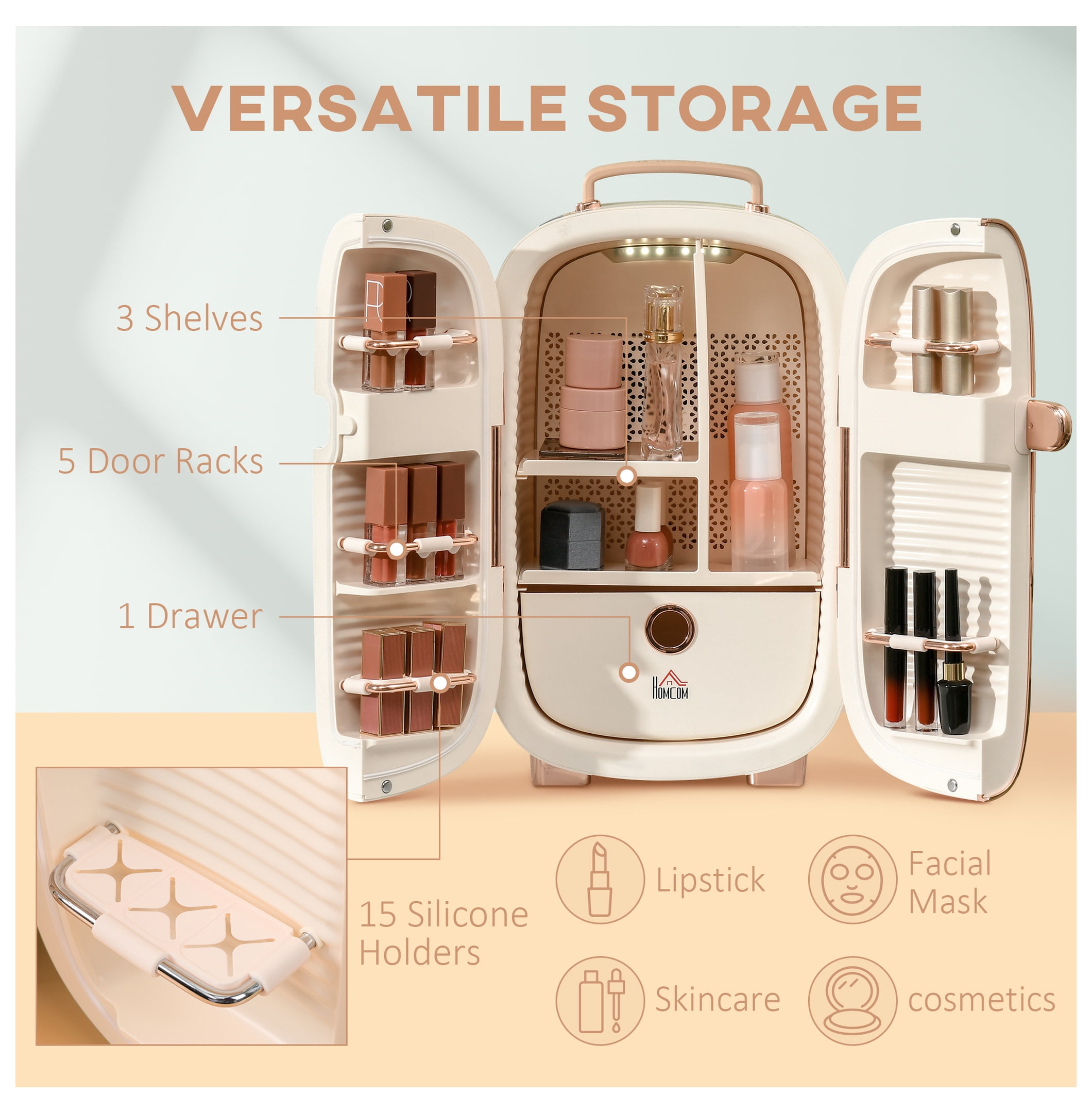 HOMCOM Portable Skincare Fridge with LED Display, 12L Mini Fridge for Beauty, Makeup and Cosmetics, Small Refrigerator Cooler for Bedroom, Home Office, Desktop, White