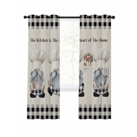 Vintage Chef Blackout Curtains for Bedroom Living Room Gnome Cake Dessert Cook Linen Black Plaid Thermal Insulated Curtains 2 Panels Grommet Top Room Darkening Window Drapes 42x84 inch