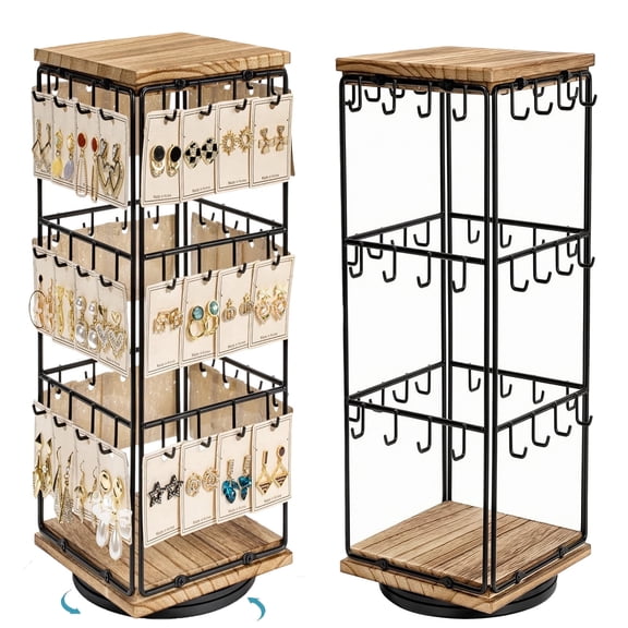 Rotating Earring Display Stand, 48 Hooks Jewelry Display Rack & Holder Organizer, Wooden Craft Show Booth Counter Tower for Earring Cards, Necklaces, Bracelets, Hair Accessories