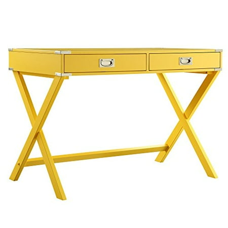 Student Desk Base - ModHaus Living Modern Wood Accent X Base Student Computer Writing Office Desk with 2 Drawers - Includes Pen (Yellow)