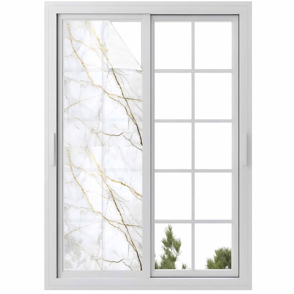 Gold White Marble Window Privacy Film Gold Lines Abstract Modern Decorative Glass Window Film UV Blocking Static Cling Non-Adhesive Sticker Covering for Home Door 29.5 x 118 inches