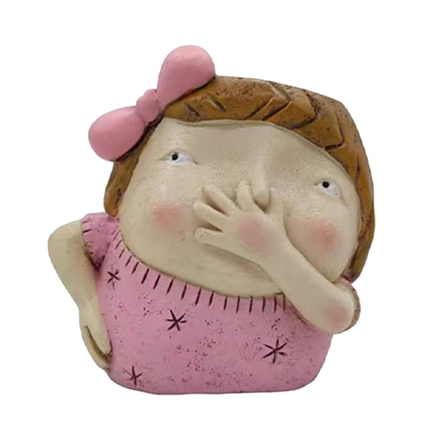 Maceta con forma de cabeza divertida, linda escultura, figura creativa de resina, estatua con cara y flores. Chica