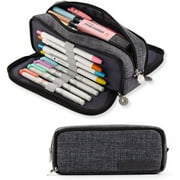 Large Pencil Case Big Capacity 3 Compartments Canvas Pencil Pouch for Teen Boys Girls School Students (Black)