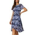 thumbnail image 4 of INSPIRE CHIC Vestido Midi Floral de Verano para Mujer con Volantes y Dobladillo Alto-Bajo, de Manga Corta y Cuello Redondo, Color Azul Marino, 4 of 6