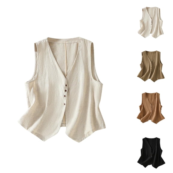Lightweight Linen Vest Women Summer Sleeveless V Neck Button Down Blazer Business Casual Jacket Waistcoat Vest