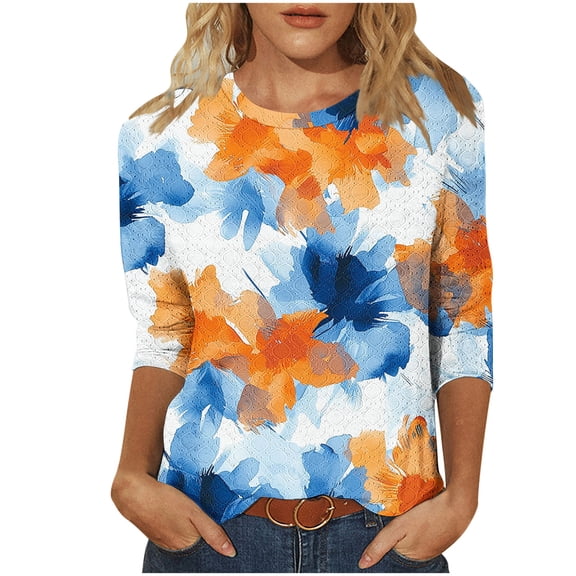 Jsaierl 3/4 Sleeve Womens Tops Summer Crew Neck Shirts Boho Print Petite Hollow Out Blouses Flowy Dressy Tunic Top S-2XL
