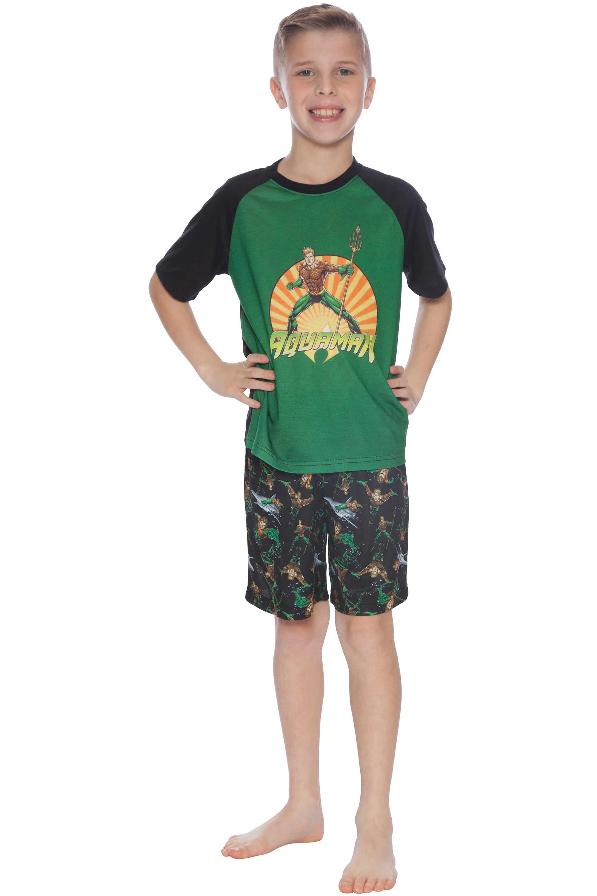 Justice League Toddler Boy Letter Print Short Raglan Sleeve Tee and Allover Print Shorts Set
