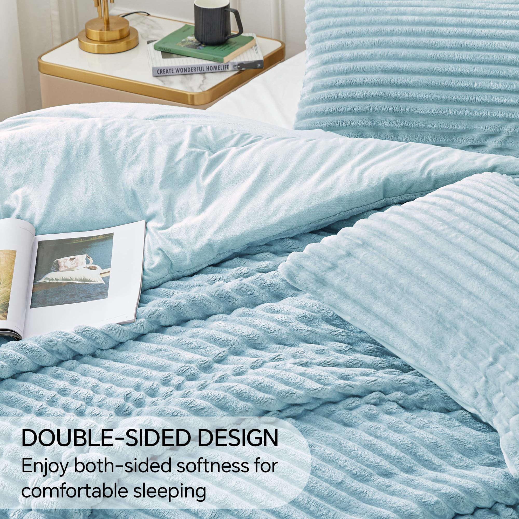 BEDELITE Fleece Queen Comforter Set -Super Soft & Warm Fluffy Light Blue Bedding, Luxury Fuzzy Heavy Bed Set for Winter with 2 Pillow Cases
