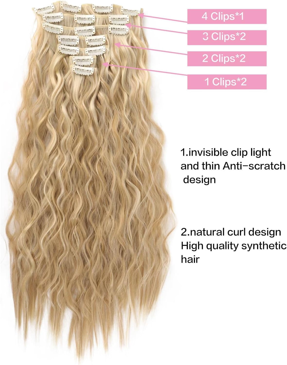 Clip In Hair Extensions 20 Inch 7 Pcs Soft Thick Hairpieces Long Wavy Clip In Hair Piece Synthetic Natural Looking Blonde Hair Extension For Women