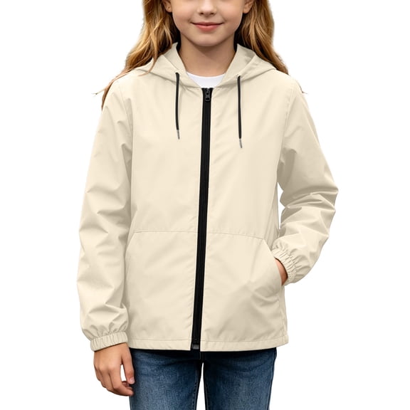 Cethrio Girls Waterproof Jackets Size 10-12, Zip up Long Sleeve Outdoor Lightweight Girls Windbreakers Beige