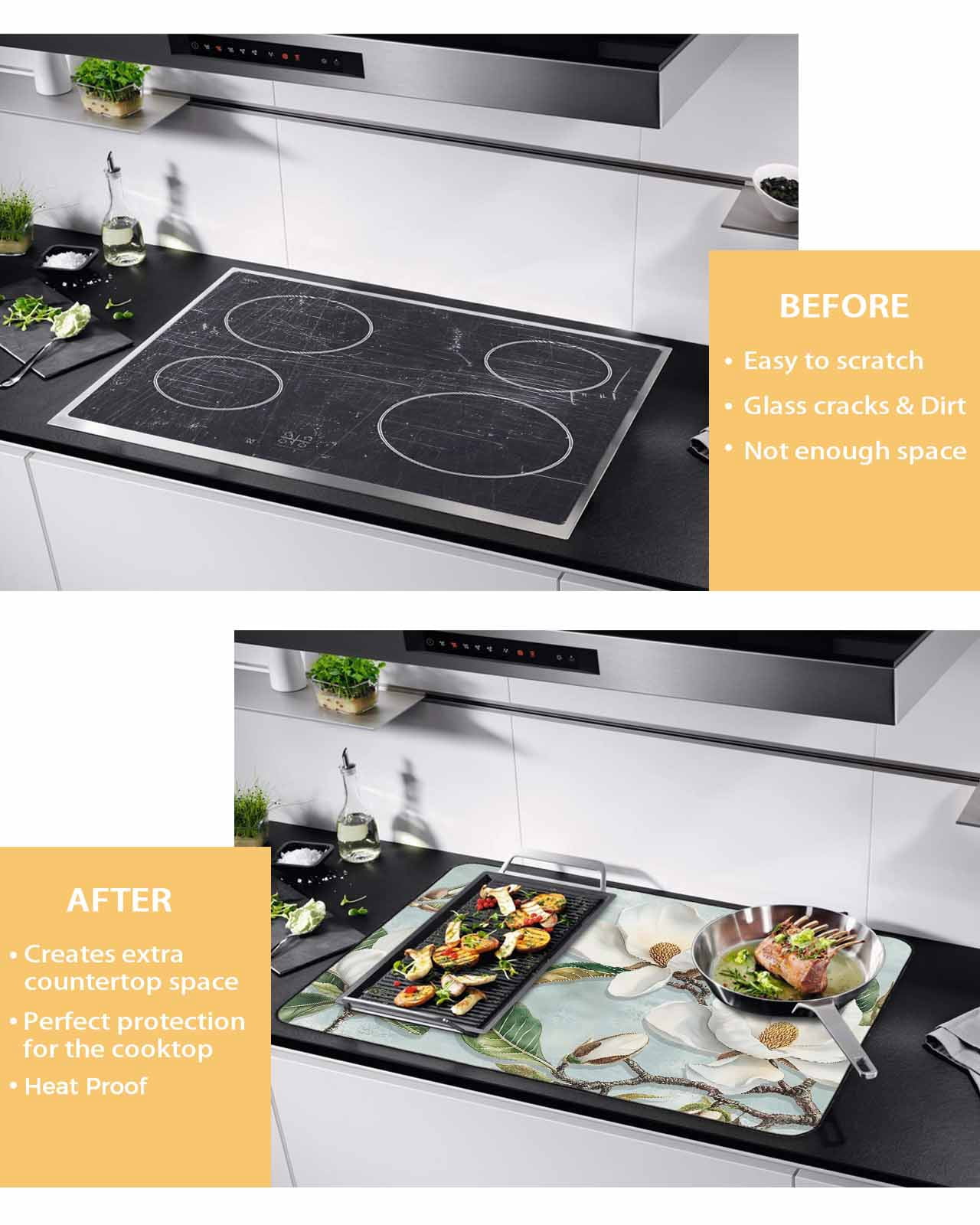 nqOlkjepod Large Induction Cooktop Protector Mat 24"x21", Botanical Flowers Stove Top Covers for Electric Stove, Country Magnolia Leaves Branches Stove Burner Cover Mats, Glass Top Stove Cover