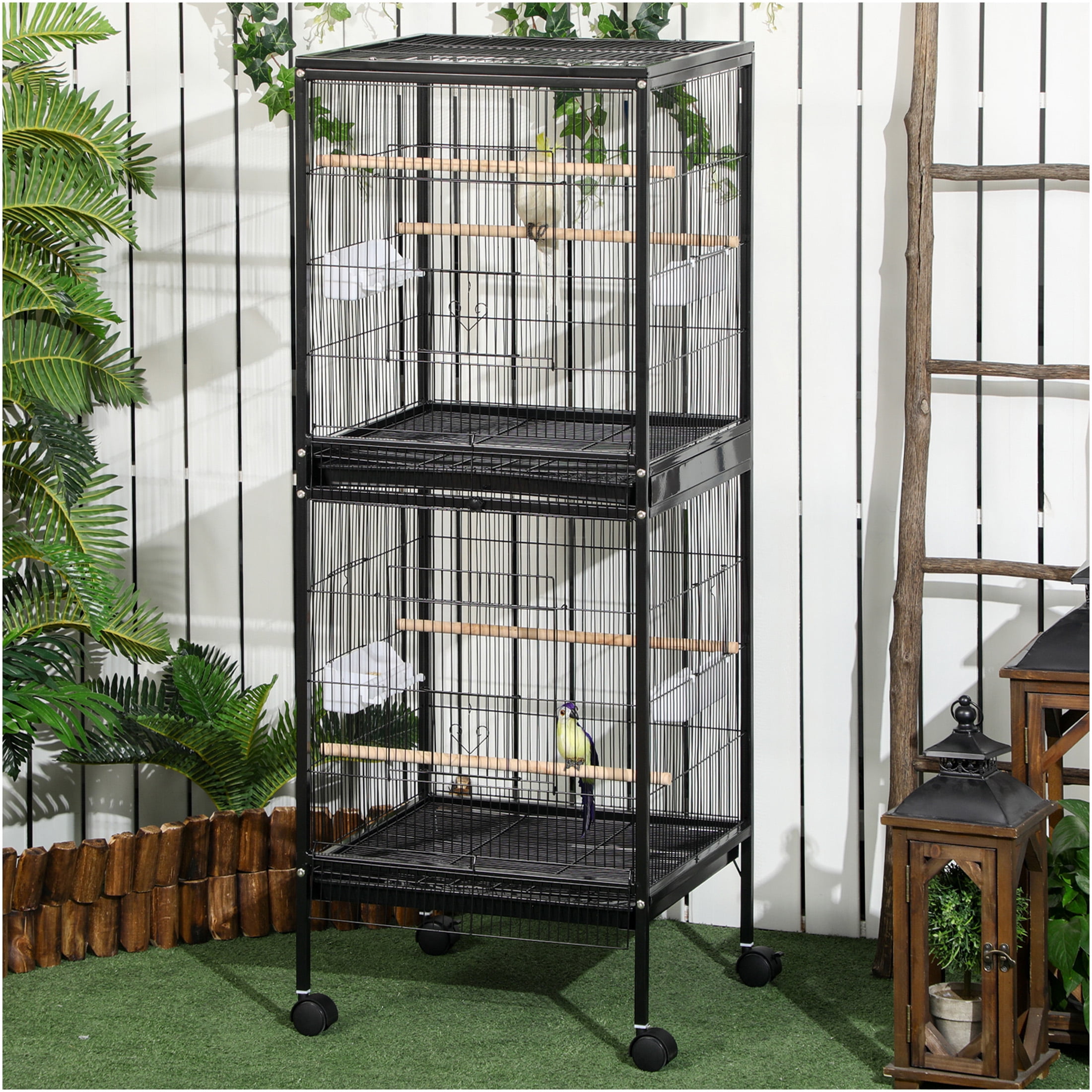 JERFIT 55" Large Black Wood Bird Cage for Parakeets, Canary & Conure - Wide 20.5" Flight Aviary with 4 Wheels, Multi-Doors & Easy Clean Tray