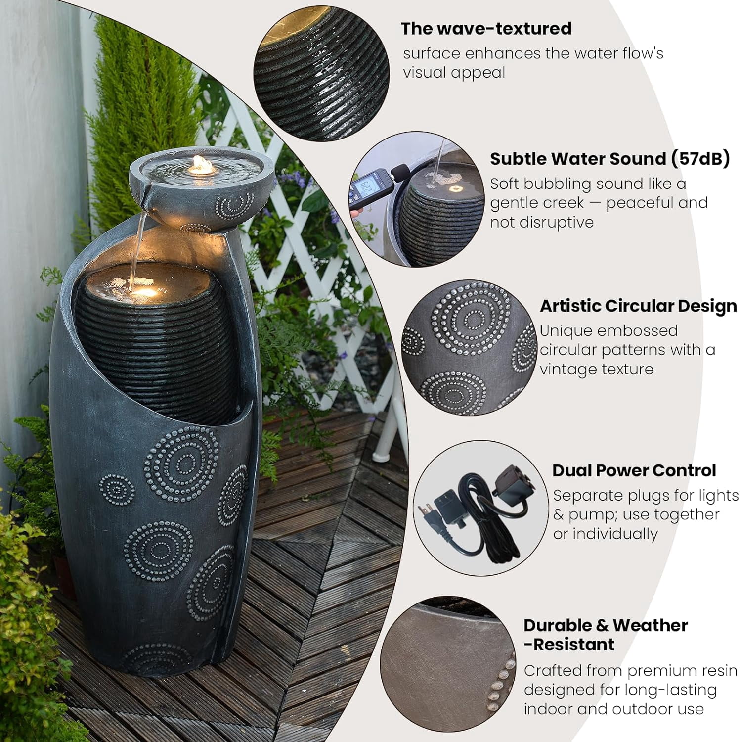 Outdoor Water Fountain Feature Indoor Garden Large Jar Floor Standing Fountains Waterfall with LED Light & Pump for Home Decor Office Yard Patio Deck Porch, 32 inches,Gray