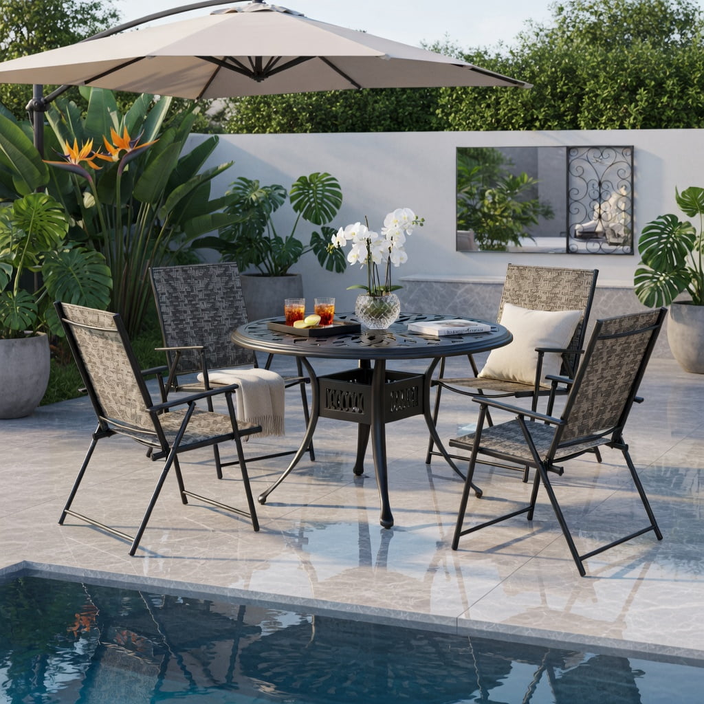 Hommoo 4-Pack Folding Patio Chairs with Armrests, Heavy-Duty PE Rattan & Steel Frame, Rust-Resistant Outdoor Lawn Chairs for Backyard, Garden, Poolside, Gray