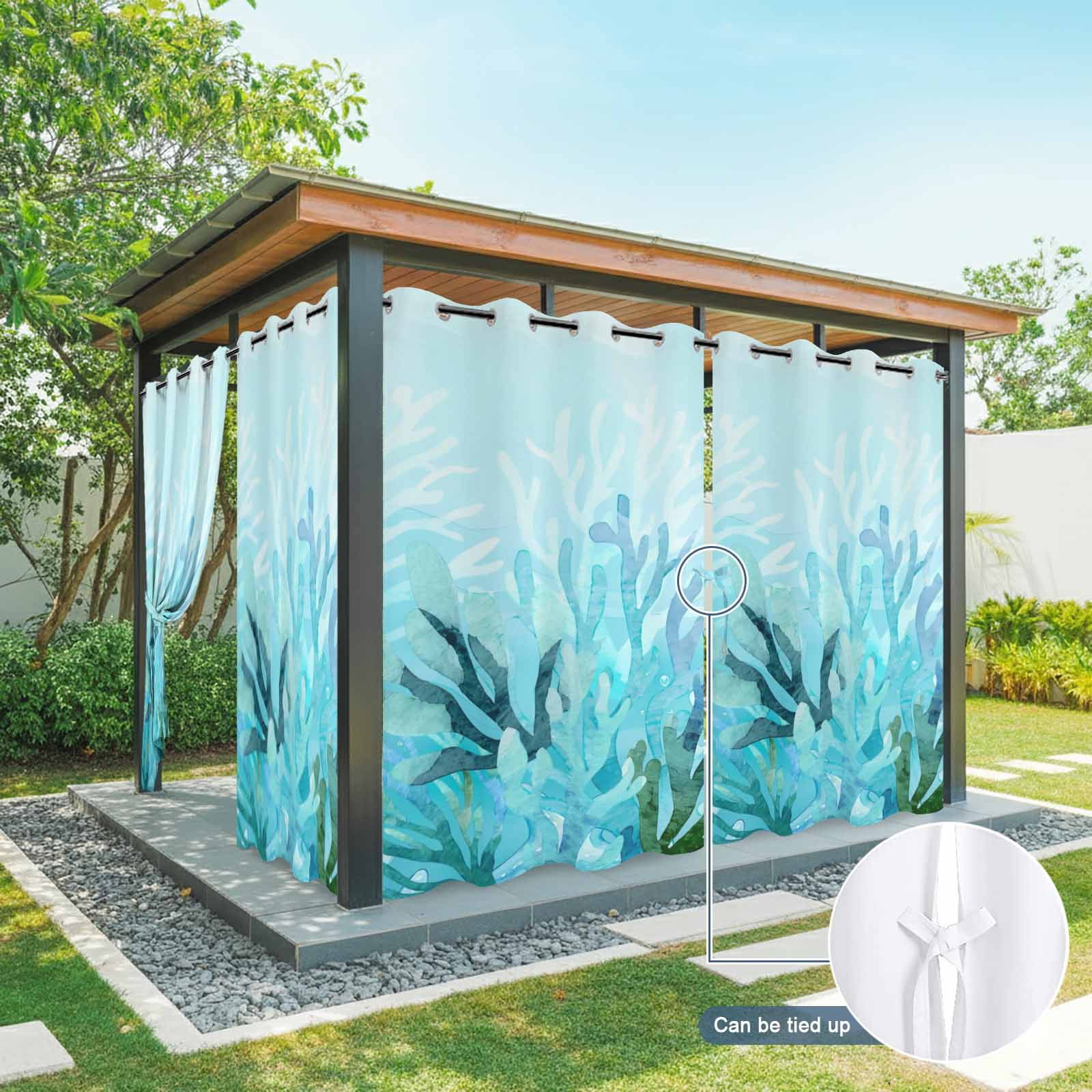 Blue Gradient Coral Outdoor Curtains for Patio, Ocean Coastal Sea Watercolor Coral Sunshade Privacy Drapes Grommet Waterproof Outside Curtains for Porch/Cabana/Balcony 54"x 108", 1 Panel