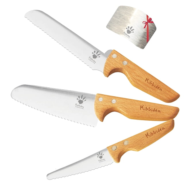Juego de cuchillos Kibbidea Kids Safe, 4 piezas, para principiantes, cocina plateada