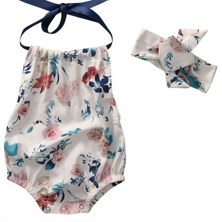 

2Pcs Infant Outfits Summer Newborn Baby Girls Romper Floral Print Bodysuit Jumpsuit+Headband Casual Sunsuit Clothes Set 0-18M