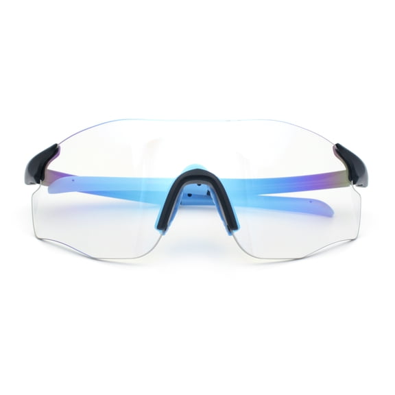 Photochromic Clear to Dark Mirrored Sport Shield Wrap Rimless Sunglasses [Black Blue - Blue Mirror]