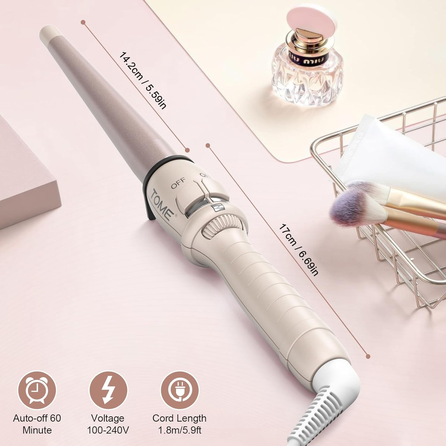 ToMe Professional Ceramic 1/2-1 inch Tapered Hair Curling Wand ,180℉-410℉ Fast Heating Dual Voltage Wand Curler for All Hair Type