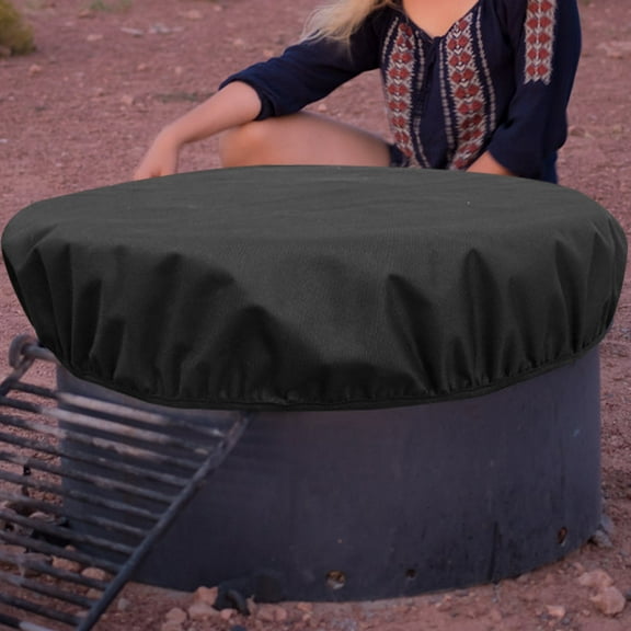 SOPOTUTU Black Round Fire Pit Cover with Elastic Hem Cord for Outdoor Garden Patio