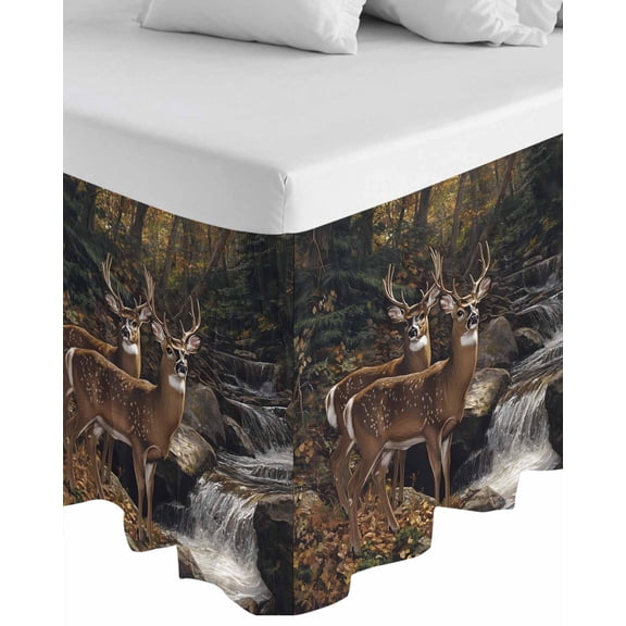 Forest Deer Wrap Around Bed Skirts for California King Bed 16" Drop,Bed Skirt with Adjustable Elastic Belt Dust Ruffle Bed Valance for Bedroom Hotel Luxury Farmhouse Vintage River Elk Bed Frame Cover