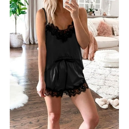Eyelash Lace Satin Cami PJ Set Cami Tops Shorts Sleepwear (Color : Black,  Size : XS.)