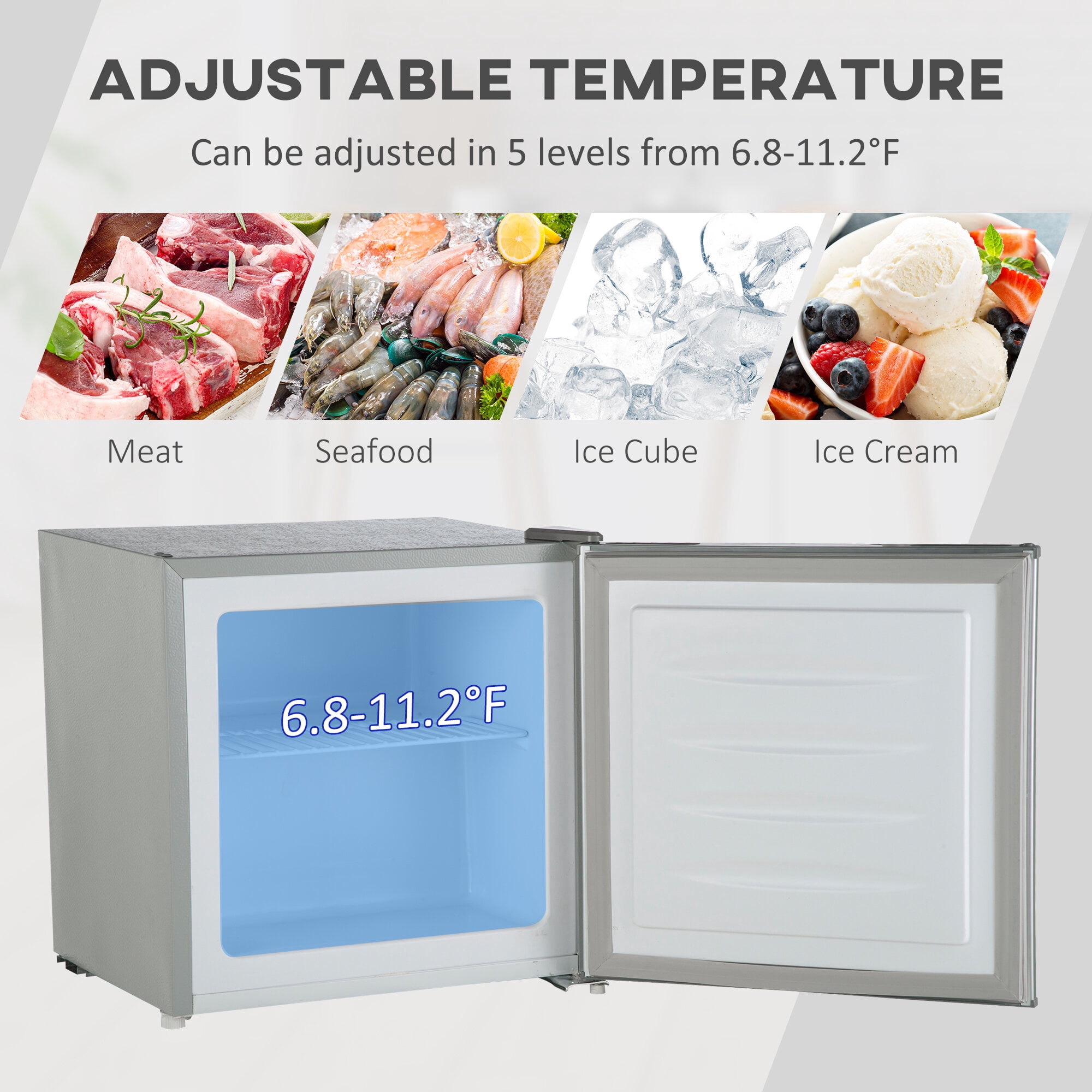 French Door Refrigerators For Kitchen, HOMCOM Mini Freezer Countertop, 1.1 Cu.Ft Compact Upright Freezer with Removable Shelves, Reversible Door for Home, Dorm, Apartment and Office, gray