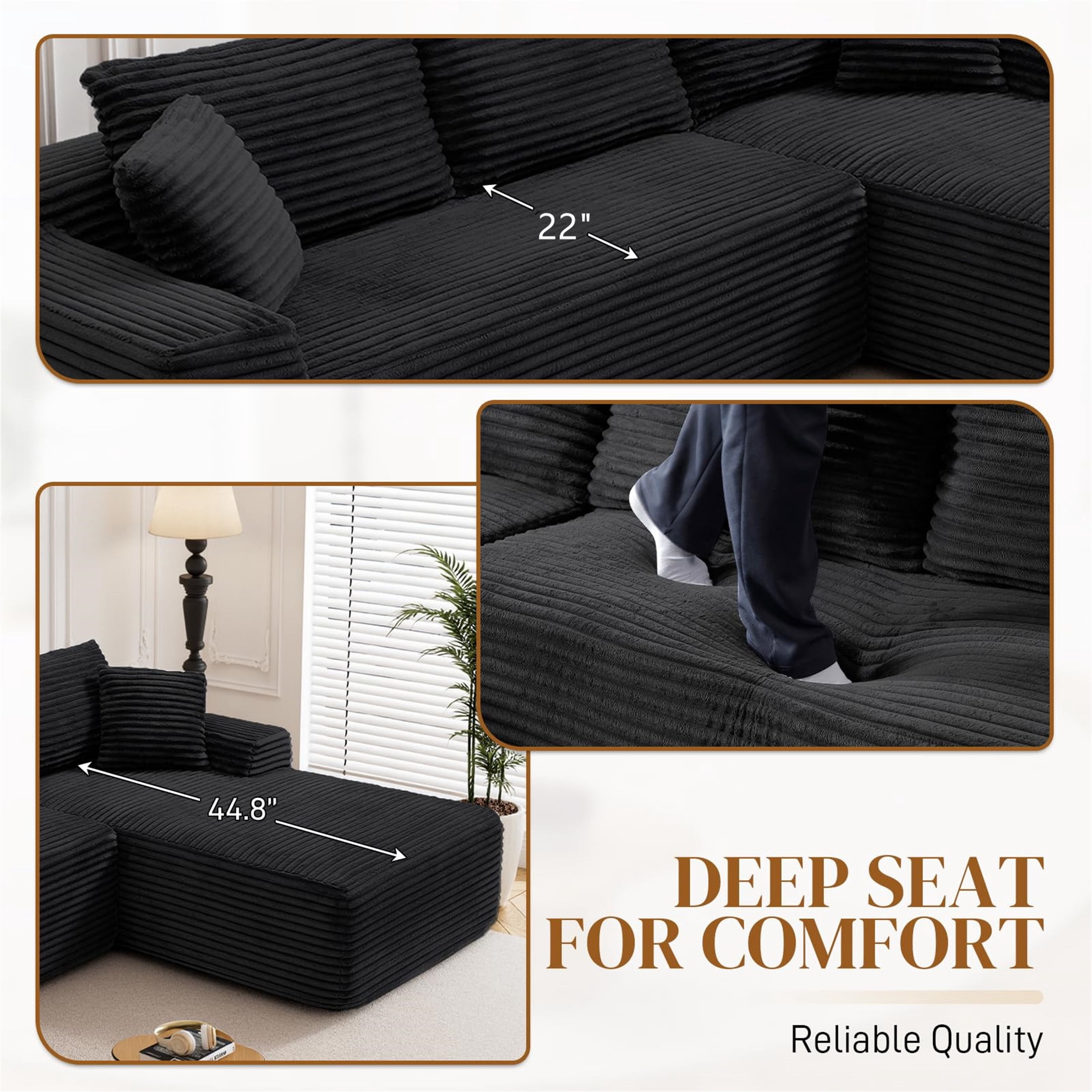 Aukfa 96" Cloud Sectional Sofa Deep Seat Boneless Couch Modular L-Shaped Couch, Right Chaise Corduroy Sofa for Living Room, Black