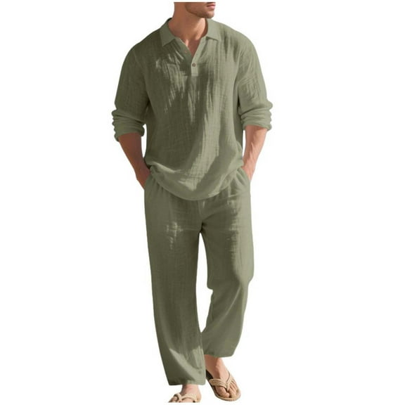 Men's Solid Color Casual Fashion Quarter Button Lapel Long Sleeved Shirt Long Loose Flowy Pants Beach Breathable Set Lightweight Sweatshirt Fall Clothes Two Piece Lounge Matching Set Men