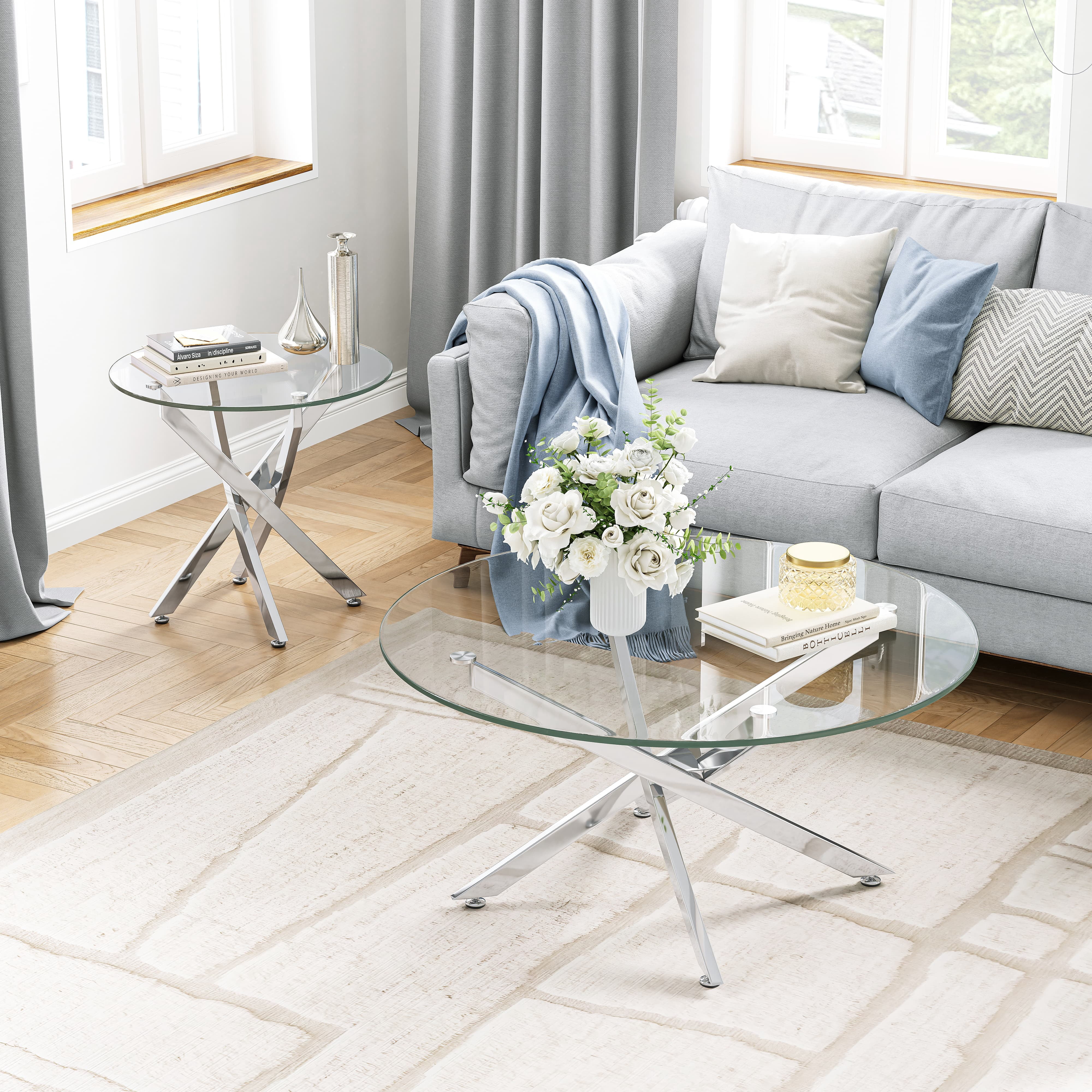 Modern 23.62" Round End Table, Tempered Glass Top, Stainless Steel Cross Base, Nightstand, for Living Room, Bedroom, Small Spaces