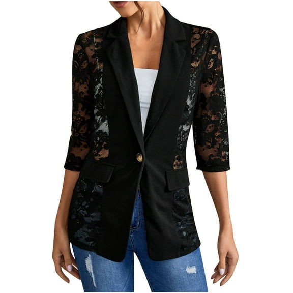 mihongmao Winter Coats for Women, Up to 50% off! 2024 New Women's Spring/summer Lace Patchwork-quarter Sleeve Suit Jacket,Womens Tops Plus Size Black XL