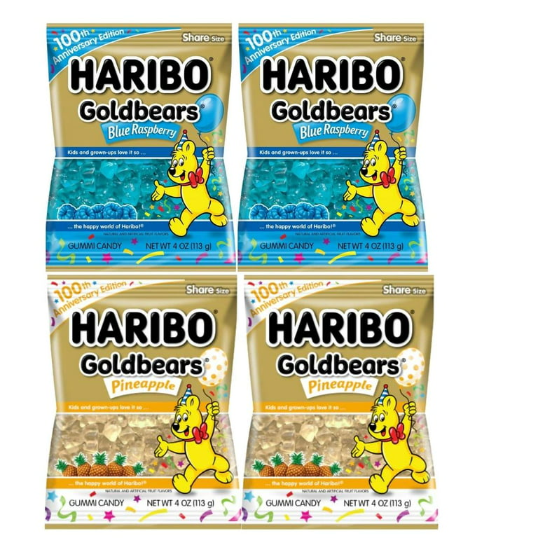 Goldbears 100th Anniversary Edition Limited Gummy New Fruity Flavors 4 oz. Pack Set of 4 Include Blue Raspberry Pineapple Flavor Gummi Candy