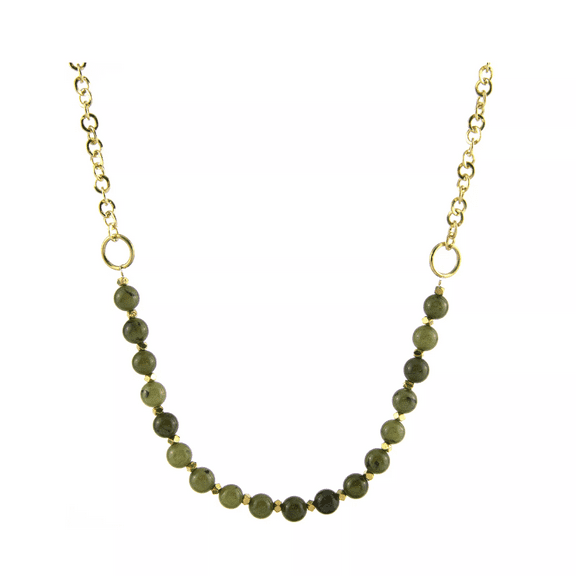 19" Women's Green Jasper Beaded Necklace with Gold Toned Chain
