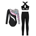 thumbnail image 2 of TTAO Kids Girls Long Sleeve Printed Gymnastics Leotard Jumpsuit Ballet Dance Bodysuit Vest and Skating Tights Leggings Set Leopard Colorful 12, 2 of 5