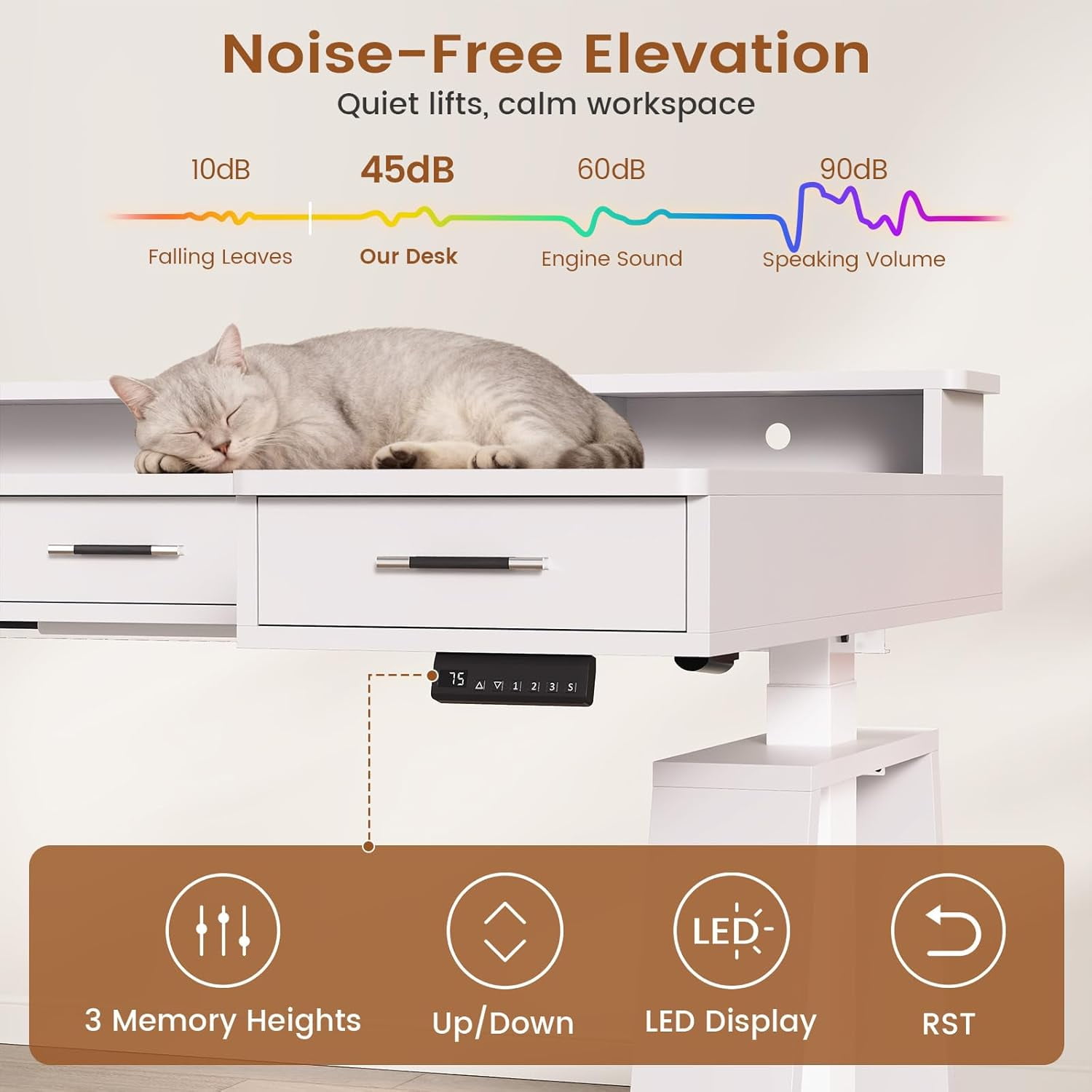 Modern Standing Desk with Drawers, Height Adjustable Computer Desk with Power Outlets, LED Lights & Monitor Stand, Stand Up Corner Gaming Desk, Home Office Desk with Storage, White