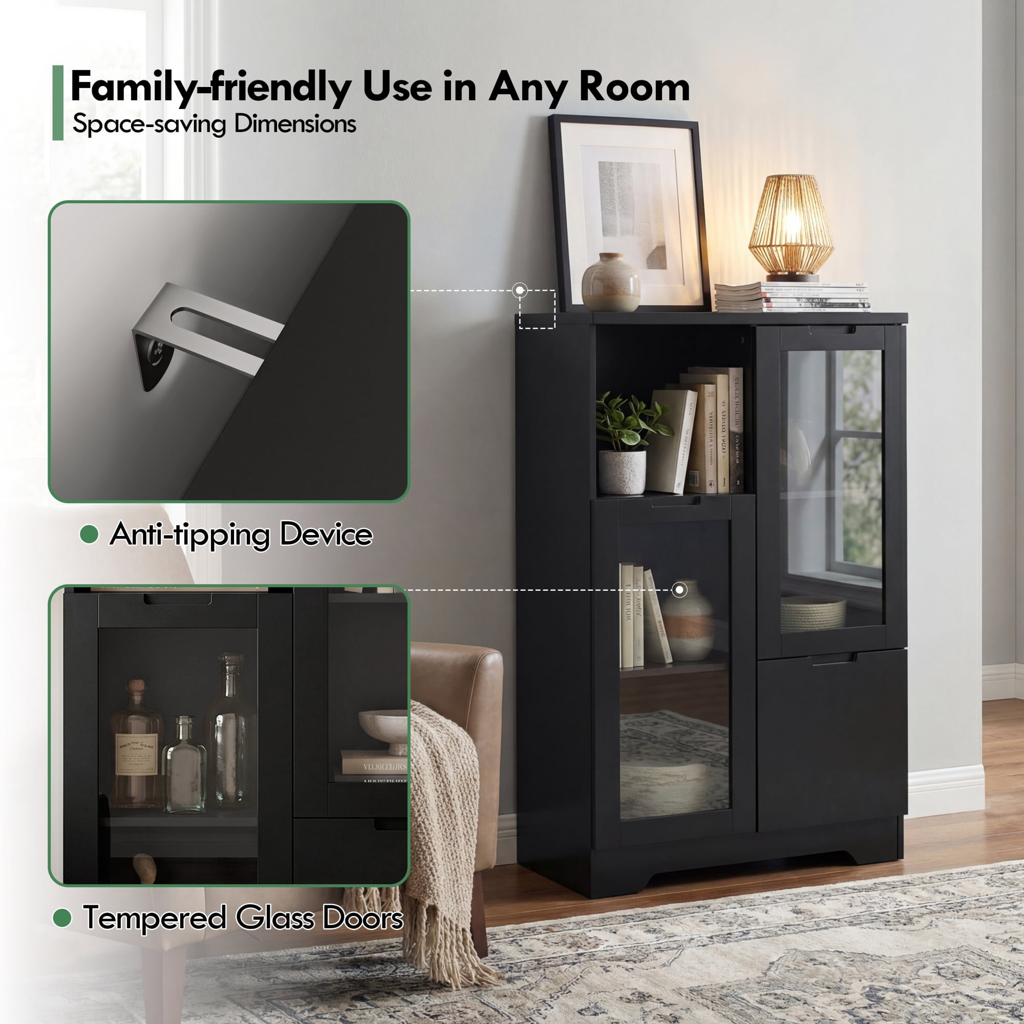 Leumius Sideboard Cabinet with Storage,Buffet Cabinet with Glass Doors & Drawer,Open Storage Cabinet for Living room,Black