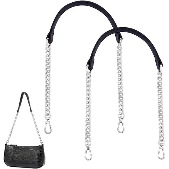 2Pcs Purse Chain Strap 23 Inch Black PU Leather Flat Chain Strap Bag Chains Straps Handles Shoulder Replacement for Clutch Handbag