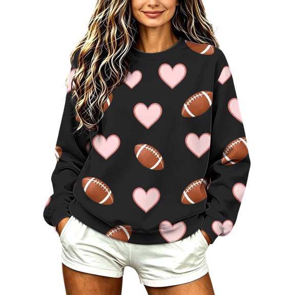 Qingpeng Womens Plus Size Crew Neck Football Sweatshirt Loose Fit Casual Long Sleeve Tops Funny Print Pullover Fall Outfits