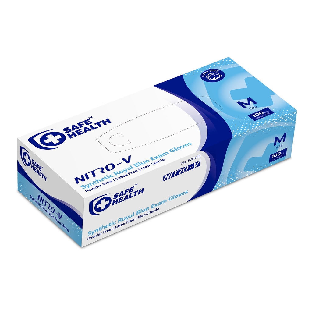 SAFEHEALTH Nitro-V Nitile-Vinyl Synthetic Blue Exam Gloves-Medium, Latex-Free, Powder-Free, Medical Grade, Disposable, Clinic-Nursing-Food-Nail Hair Salon-Tattoo-Cleaning, Case of 1000