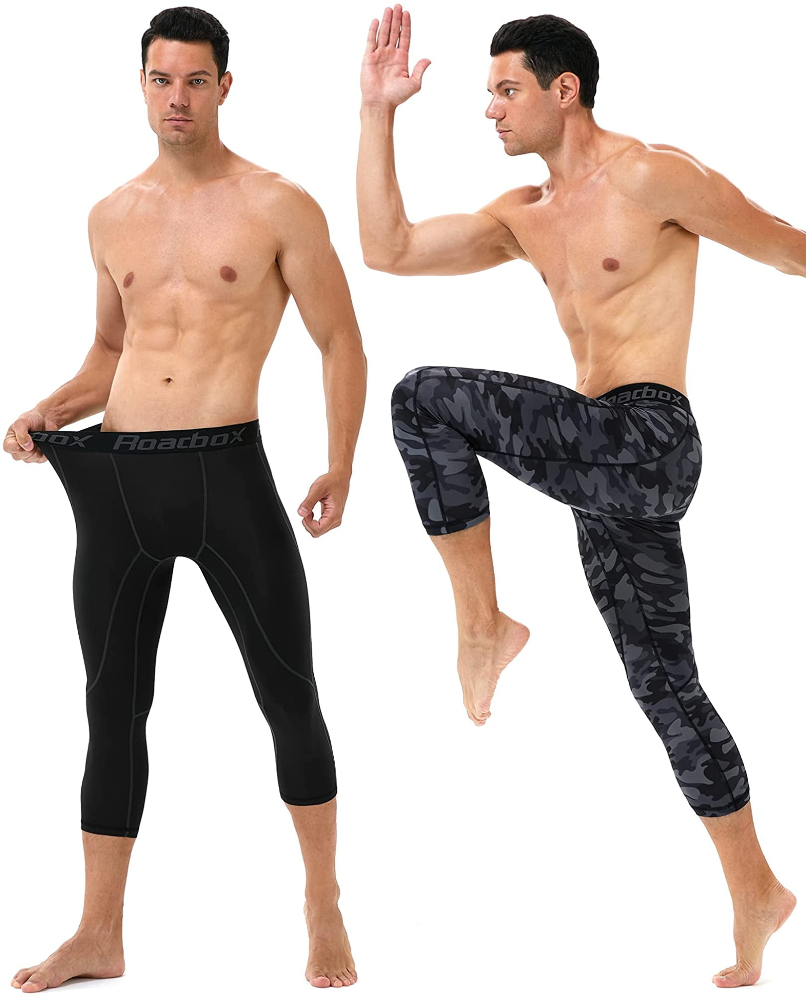 Roadbox Mens 3/4 Compression Pants with Pockets Running Base Layer Legging Tights 