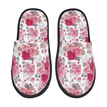 Balery Peonies And Roses Slient Indoor Furry Fleece Comfort House Shoes Soft Non-Slip Home Shoes Cotton slippers House Slippers-- Large