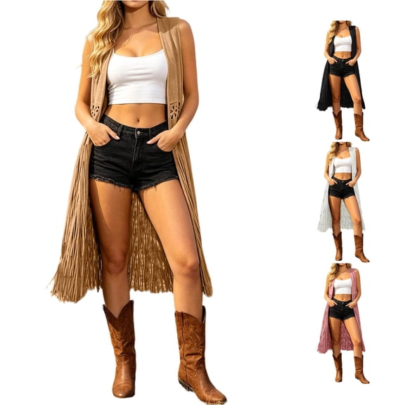 QTSHPN Fall Jackets For Women Fringe Vest Sleeveless Western Style Casual Outerwear Womens Jacket Khaki S