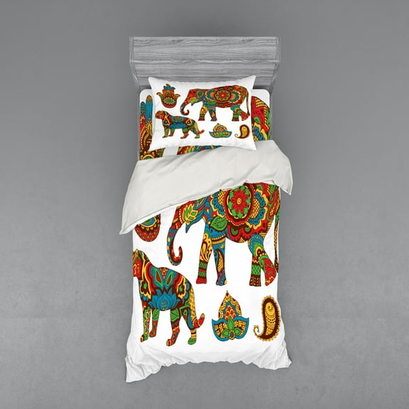 Hamsa Duvet Cover Set, Savannah Animals Paisley and Hamsa Hand Pattern with Orient Ornate Malaysian, Bedding Set with Shams and Fitted Sheet, 3 Sizes, by Ambesonne